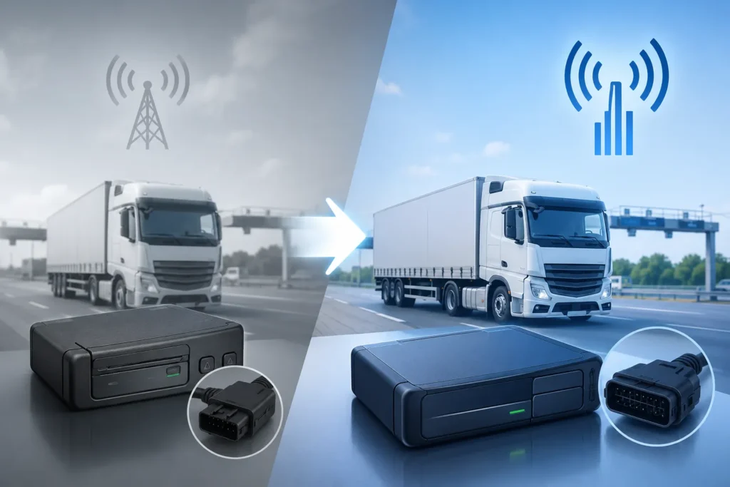 Wymiana urządzenia pokładowego OBU Toll Collect ze starego 2G na nowe LTE — porównanie starego i nowego modelu z wtyczką