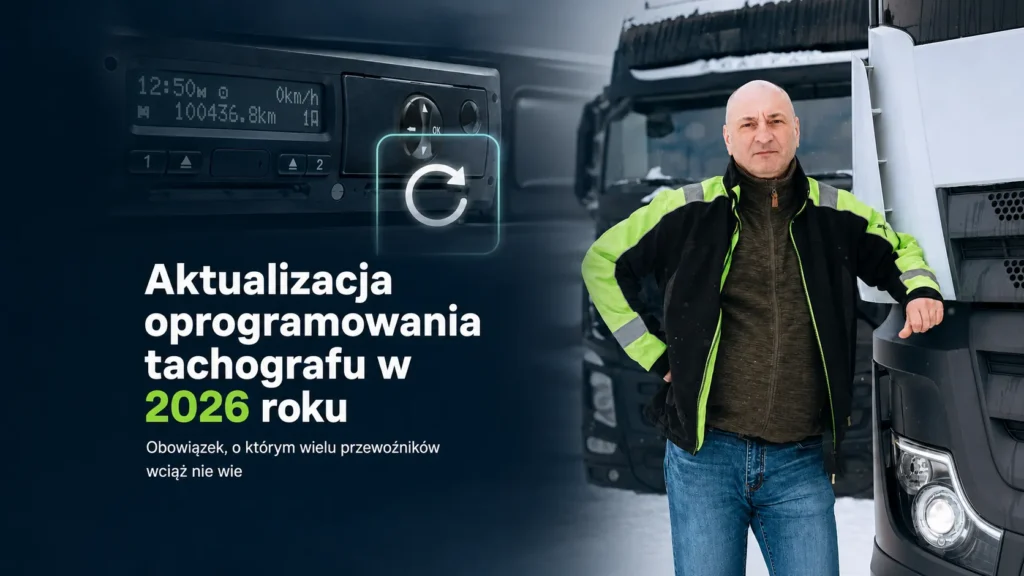 Wyświetlacz tachografu cyfrowego w kabinie ciężarówki z ikoną aktualizacji oprogramowania, w tle kierowca zawodowy stojący przy naczepie – aktualizacja oprogramowania tachografu 2026